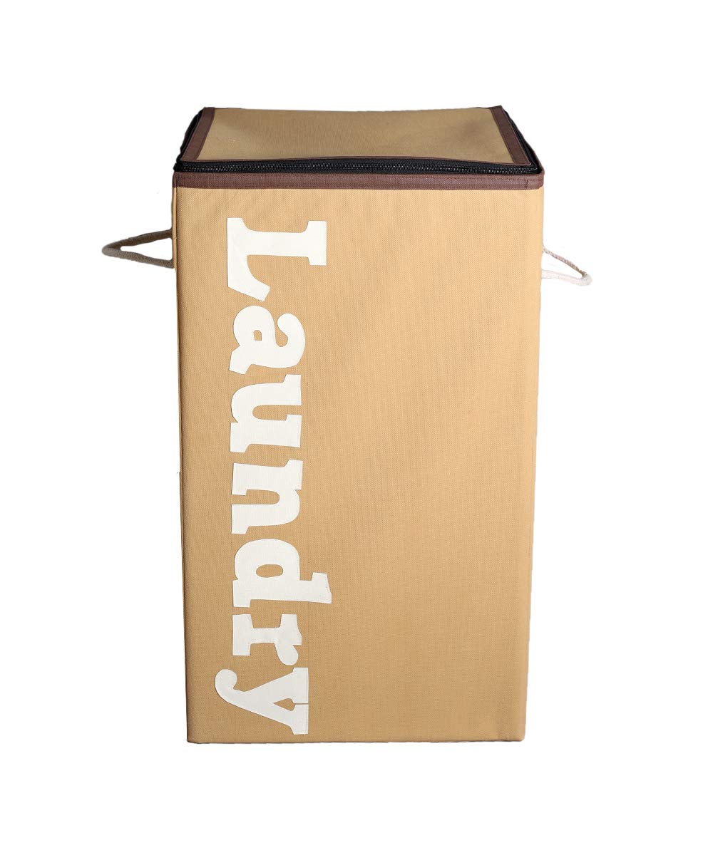 Non Woven Large Laundry Basket with Lid | Foldable Laundry Bag with Zip & Handles | Rectangular Clothes Storage Organizer for Bedroom & Bathroom (Beige, Pack of 1)-image-44