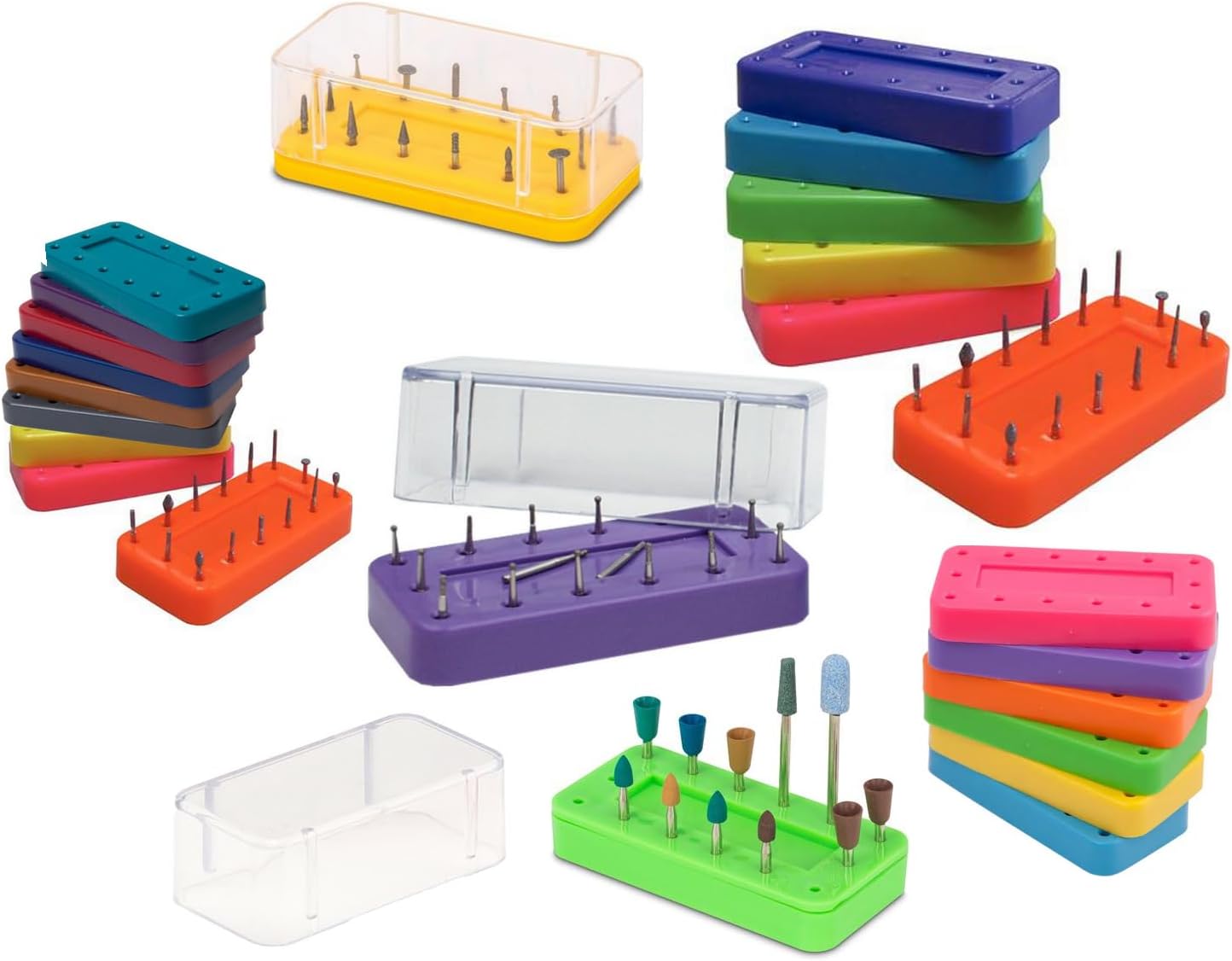 2/Pcs Dental Bur Block Holder Rectangle Magnetic 14 Hole Capacity Dental Autoclavable Bur Organizer, Neon Colors, Clear Lid (Red)