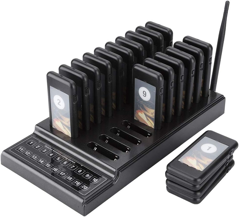 Wireless Pager System,20-Channel Restaurant Pager Wireless Waiter Paging Queuing Calling System with 20 Wireless Pagers& 20 Battery Charging Slots for Fast Food Restaurants, Churches Car Shops(UK)