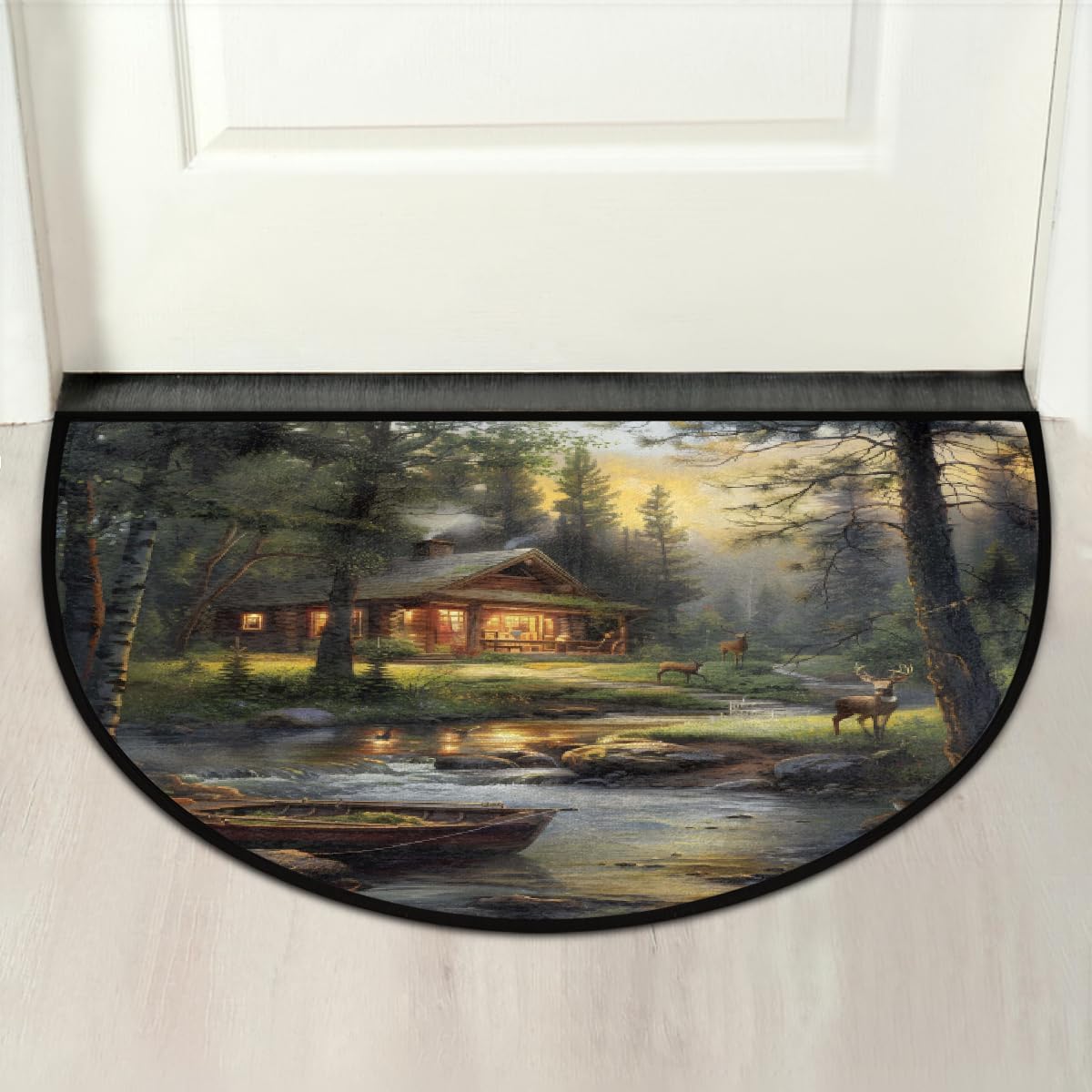 Half Round Doormat Forest Deer Animal Washable Semi Circle Rug Non Slip Absorbent Half Moon Rug Kitchen Mat for Indoor Outdoor Bathroom Patio Front Welcome Fireplace Hearth Floor Mat