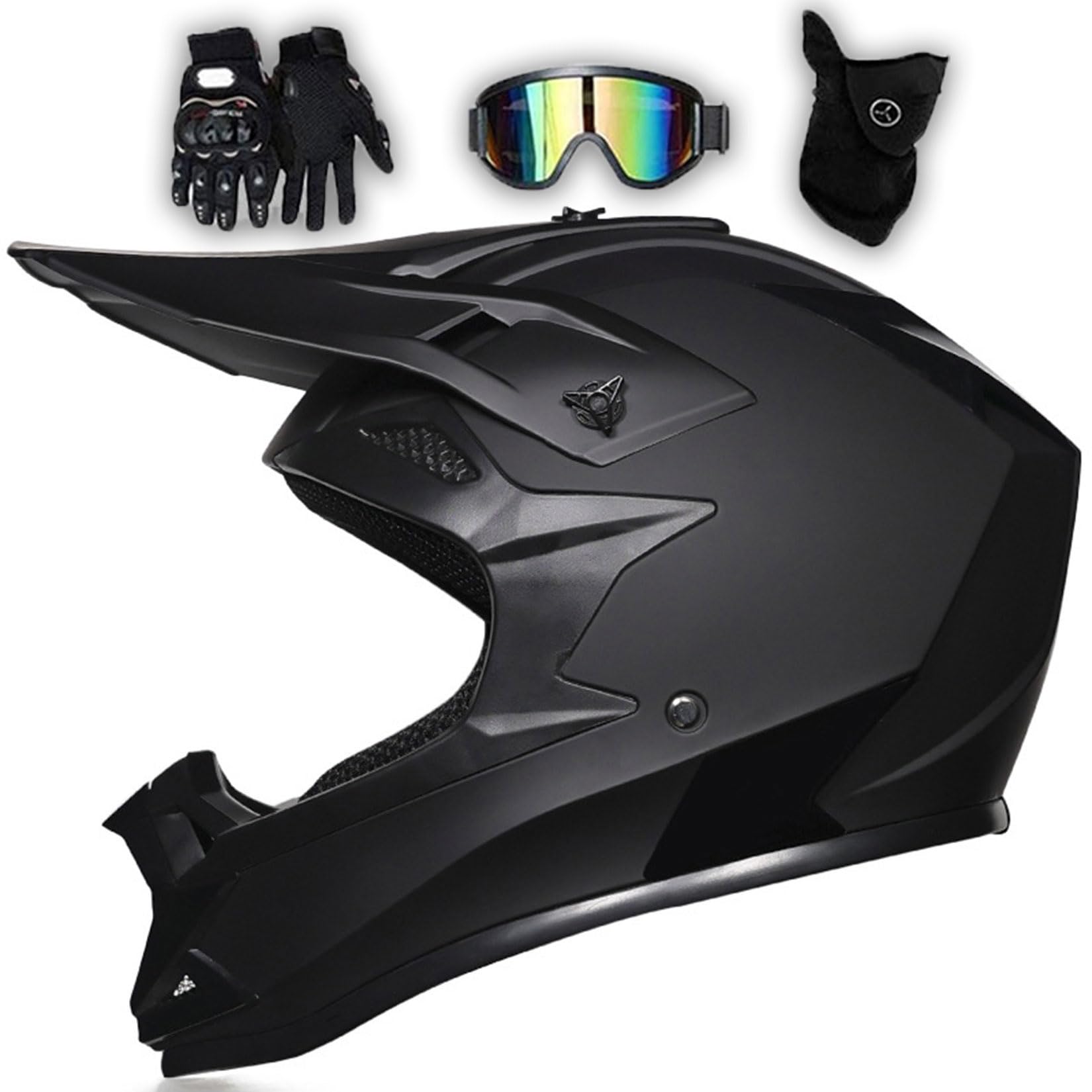 Motocross Helm Fullface Downhill Motorradhelm Mit Brille Handschuhe Maske, Kinder Erwachsene MTB Helm Enduro Integralhelm ATV Quad BMX MTB Helmet Für Damen Herren,Matte Black-S