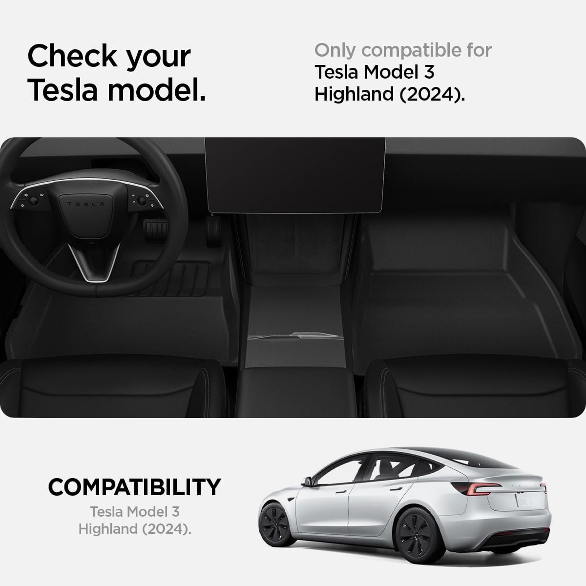 Spigen WeatherBloc Floor Mat Set (with Edgeguard) for Tesla Model 3 Highland (Standard, Premium & Performance 2026/25/24) with Non-Slide Sliplock Weatherproof Technology