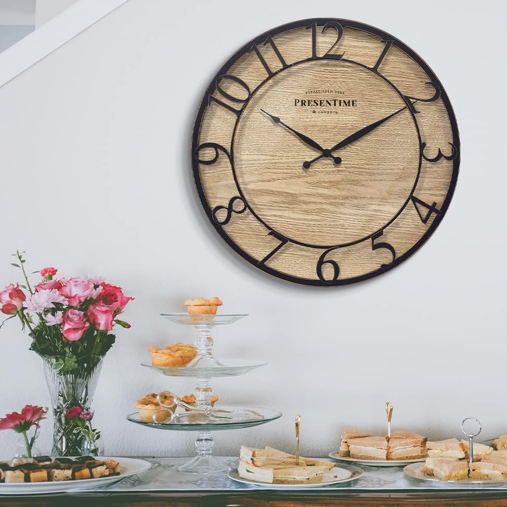 Presentime & Co 21" Farmhouse Series Wall Clock, Cottage Style, Vintage Design, Oil Rubbed Antique Bronze Finish. Wall Décor for Living Room, Dining Room, and Entryway.