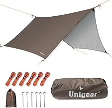 Unigear Bâche Anti-Pluie, Bâche Camping avec Oeillets + 6 Piquets en alu + 6 Cordes, Bâche de Tente Imperméable et Léger pour Le Voyage, Trek et Randonnée, Tarp Hexagone Anti Soleil et Anti UV