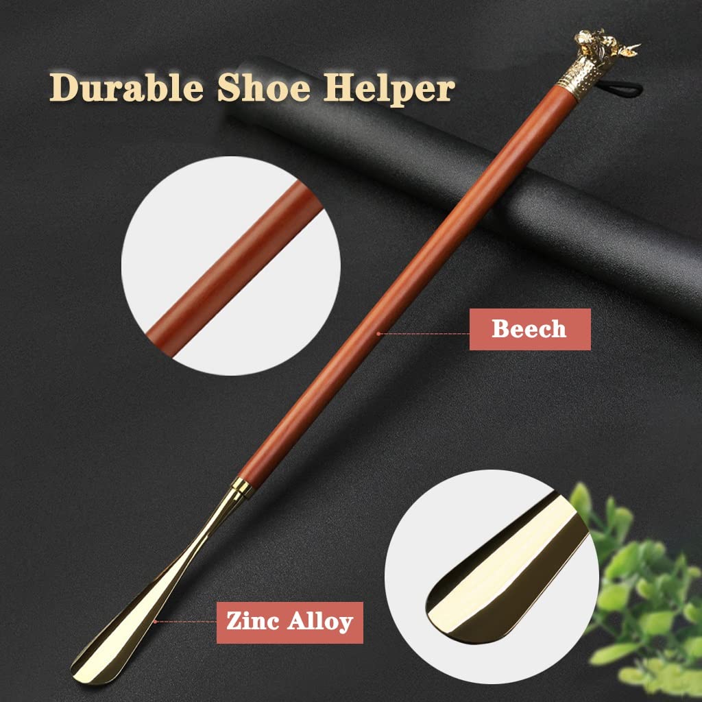 Calzador de mango largo para personas mayores, levantador de zapatos resistente de aleación de zinc con diseño de cabeza de animal, ayuda ligera para zapatos, incluye bolsa de algodón (color: rojo