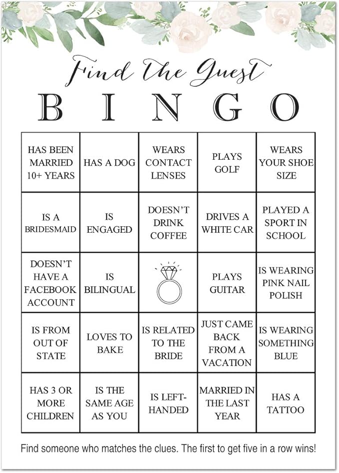 24 Cnt Find The Guest Bingo Bridal Shower Games Greenery Floral 
