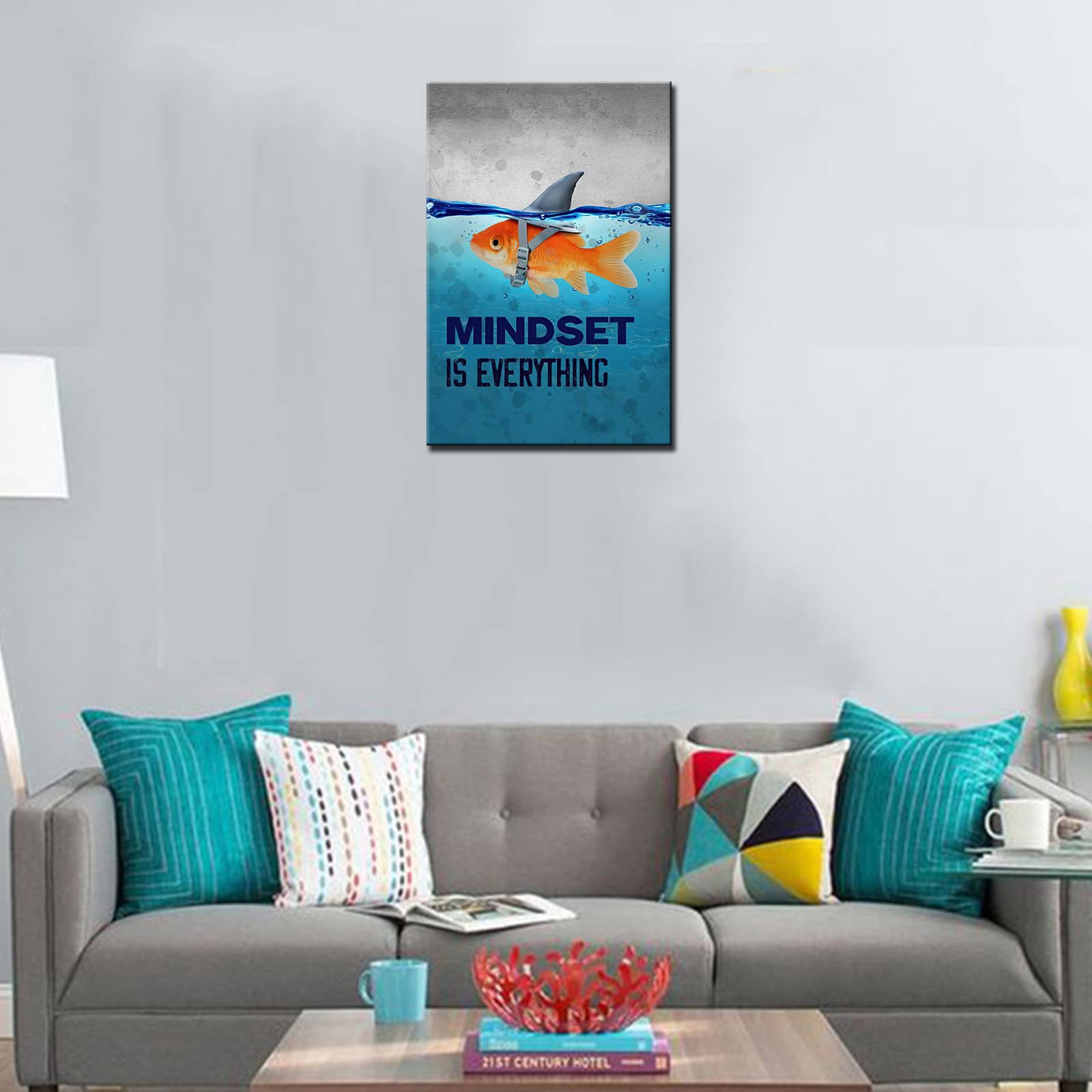 Modern Mindset is Everything Motivierende Wandkunst Goldfisch Inspirierende Leinwand Positive Zitat Wanddekoration Klassenzimmer Poster für Zuhause Dekoration Büro gespannt gerahmt fertig Aufhängen
