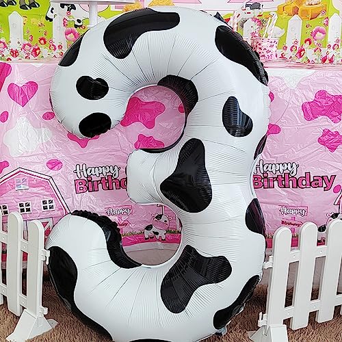 Image of Cow Print Number 3 Balloon, Large 40 Inch Cow Number Birthday Balloons | Helium Foil Mylar Balloon Cow Themed Birthday Party Decorations | Farm Barn Decor for kids,Girl,Boy