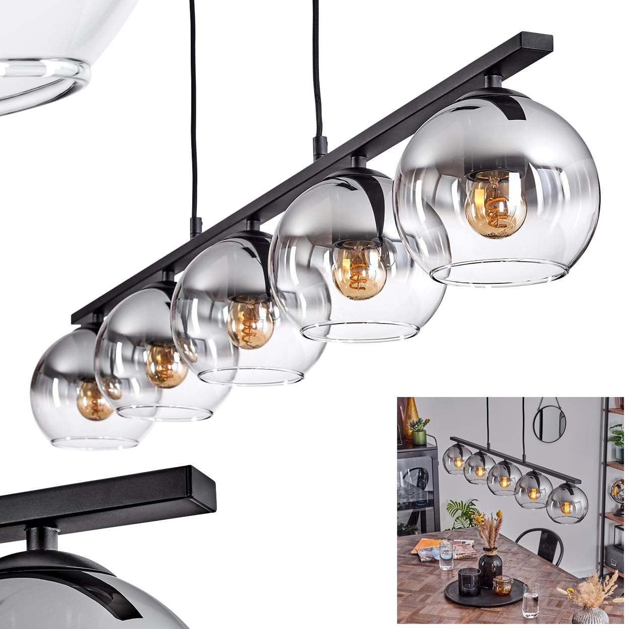 Hofstein Light/Black Koyoto Pendant Made Of Metal/Glass In Black/Smoke/Clear, Hanging In Retro/Vintage Design With Glass Shades (Ø 15 Cm), 5-Flame, Max. Height 111.5 Cm, 5 X E27, Bulbs Not Included