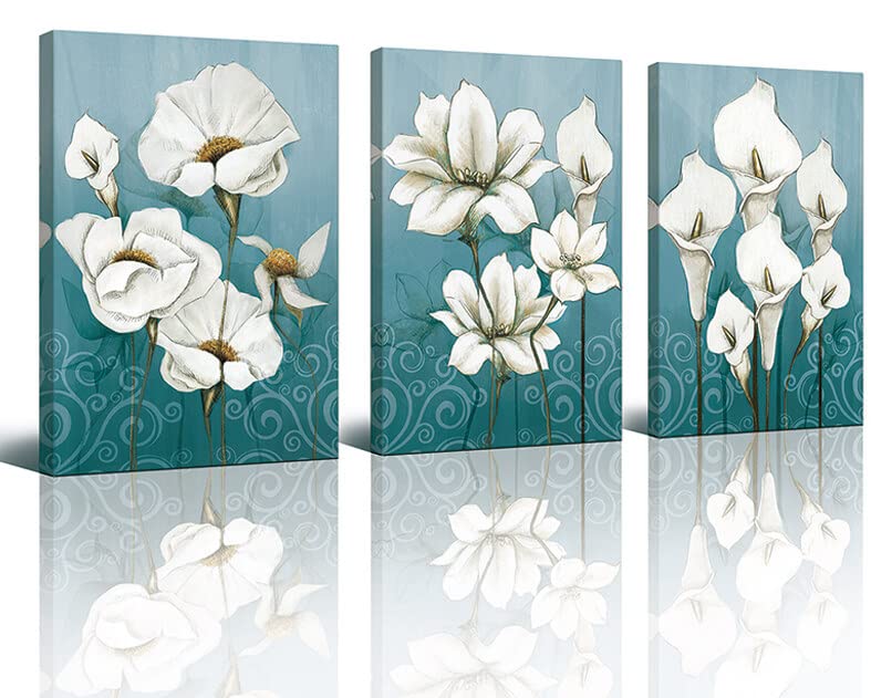 Floral Wall Art Canvas Wall Art White Floral Pictures Bathroom Wall Art Living Room Bedroom Dining Room Wall Decor Floral Wall Decor 3 Pieces Floral Print Painting Artwork 12" x 16" Home Decor
