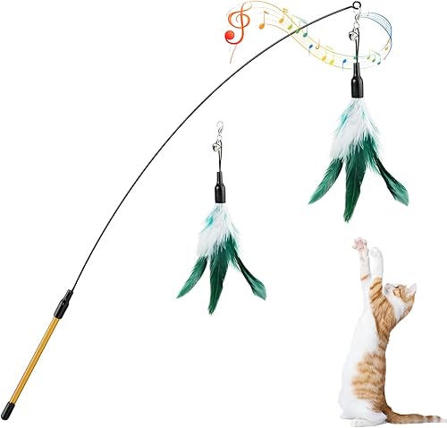 Pawaboo Juguete de plumas para gatos, varita de plumas interactiva, atrapa gatos con plumas voladoras con varita extra larga de 34.5 pulgadas y