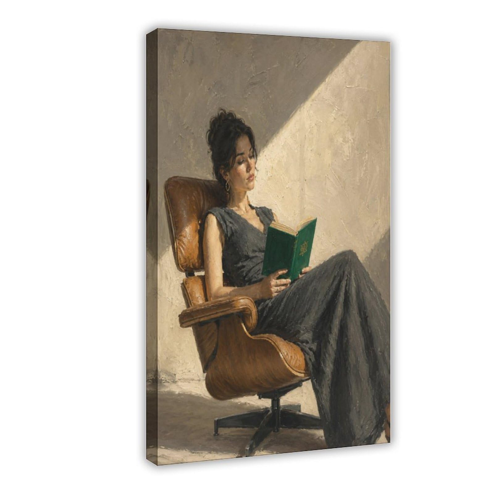 W7c8u2x3 Frame-Style-13 Woman Reading Green Book Canvas Wall Art, Sunlit Chair Bedroom