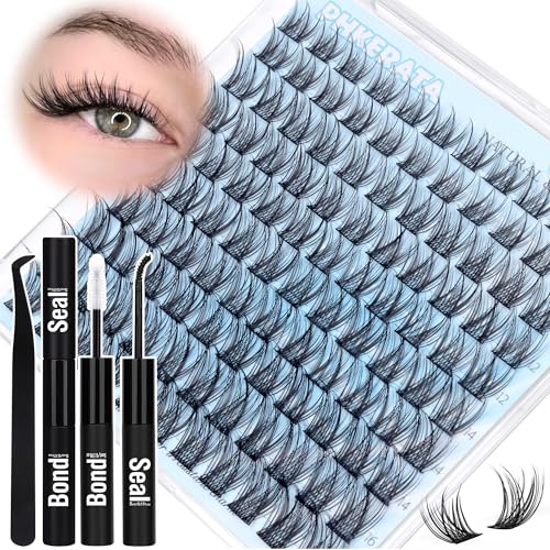 PHKERATA Natural Lash Clusters Kit Wispy Lash Extension Kit Cluster Eyelash Extensions Kit 110pcs DIY Eyelash Clusters at Home Individual Lashes with Lash Glue Bond and Seal and Tweezers, 10-16mm