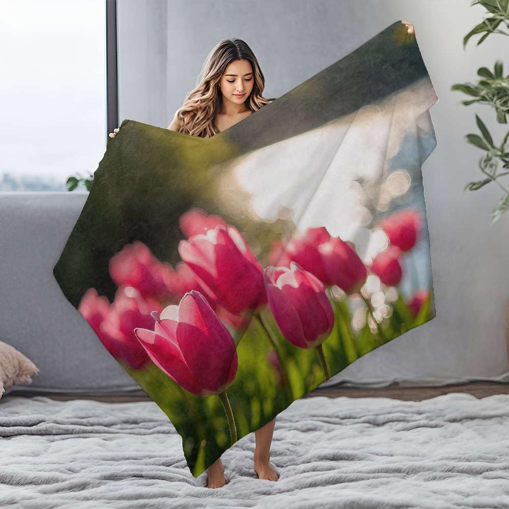 Couverture Queen Size Tulipes roses en flanelle premium au toucher velours soyeux