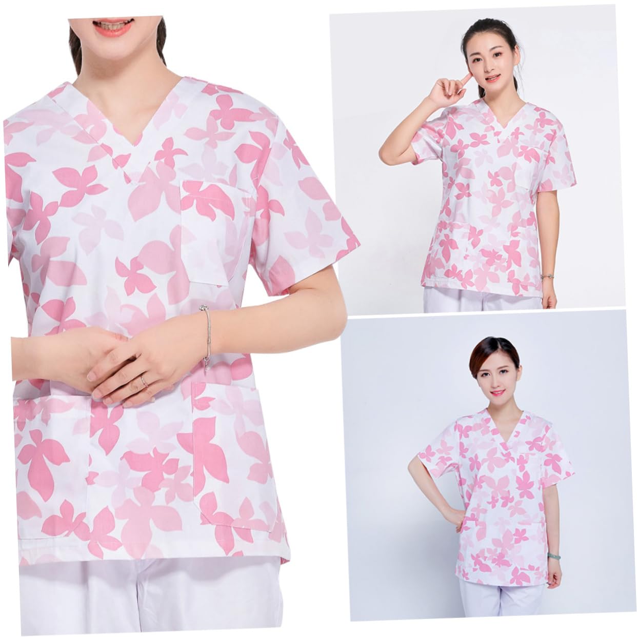 SHERCHPRY Uniforme da Lavoro Donna in Cotone Rosa, Completo Allattamento Scollo a V, Traspirante e Comodo, Set Due Pezzi per Clinica e Ospedale