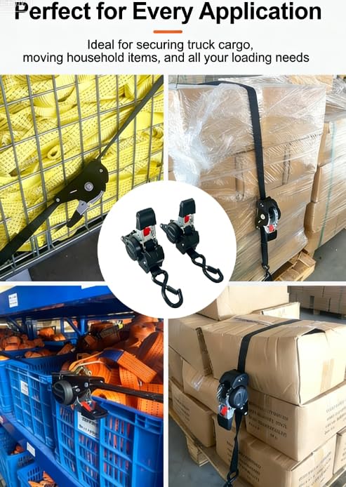 Lot de 4 Sangles à cliquet rétractables, 3 m x 25 mm, résistance à la Rupture de 700 kg, avec Crochets en S, pour déménagements, Kayaks, remorques, Motos, vélos et Plus Encore, Skis, Noir