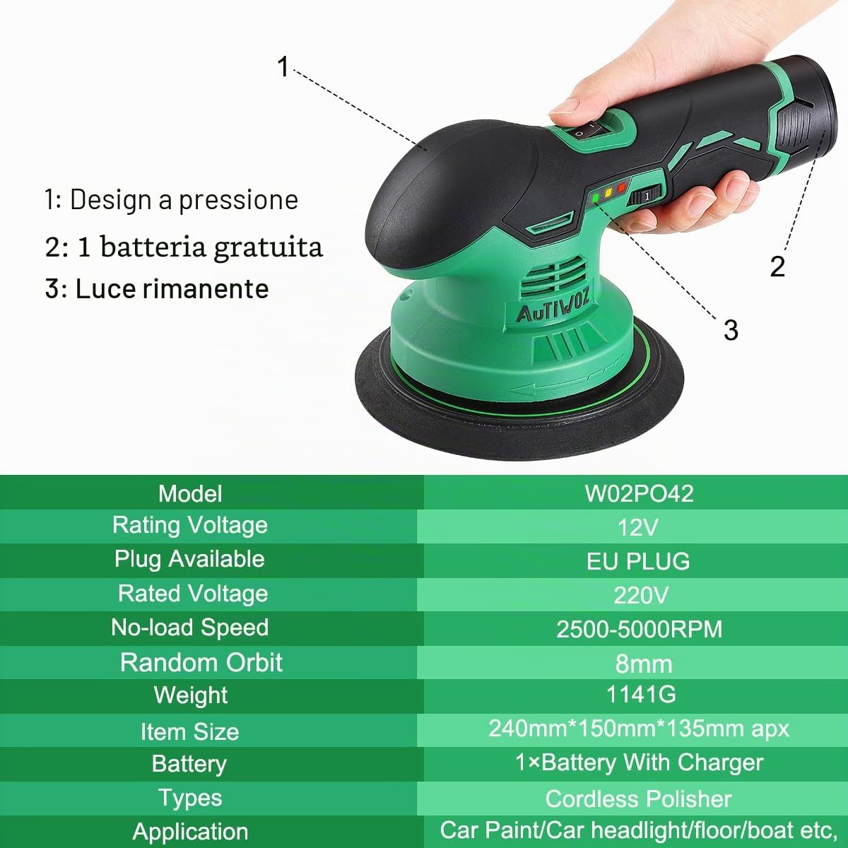AUTIWOZ Lucidatrice Batteria,Lucidatrice per Auto,1 Batteria,Lucidatrice eccentrica,Lucidatrice Orbita Casuale 8mm,Smerigliatrice Angolare Batteria per Auto,Barche,Mobili