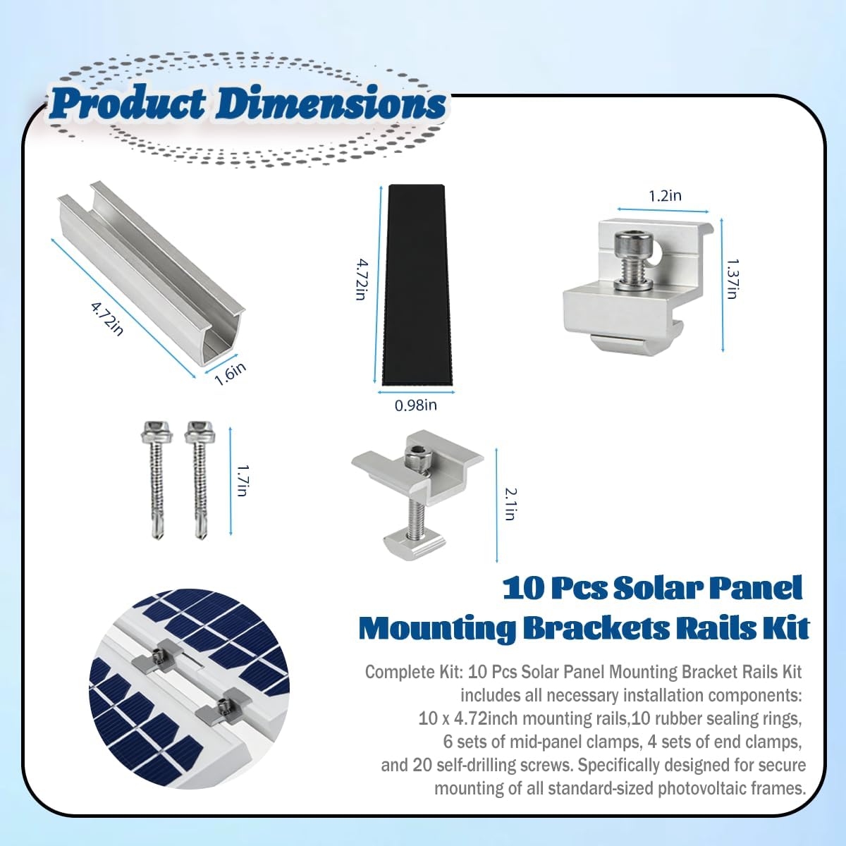 10 Pcs Solar Panel Mounting Brackets Rails Kit,Metal Solar Panel Mounting Brackets,Solar Panel Mid Clamps for Securing All Standard Sized Photovoltaic Frames,Solar Panel Installation