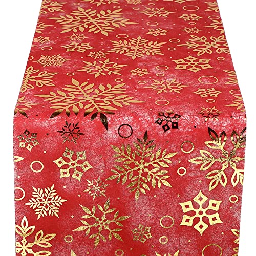 Yeahshion Chemin de Table Noël 28cmx5m, Chemin de Table Non-Tissé Rouge et Métallisé Or avec Motifs à Flocon de Neige pour Décoration de Noël , DIY, Emballage Cover