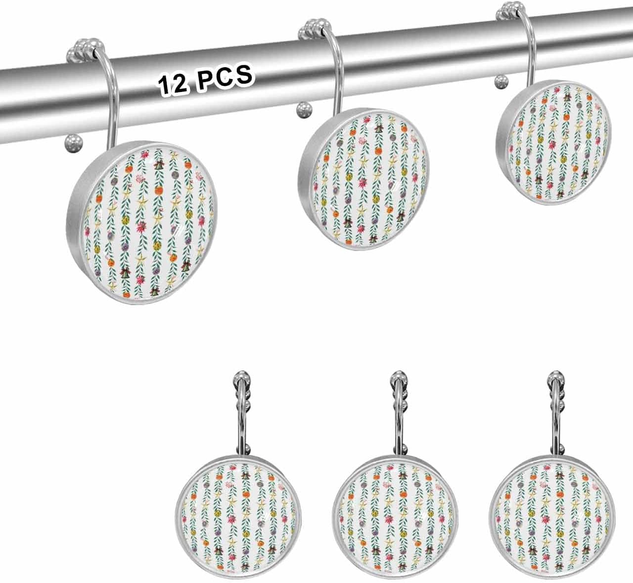 Shower Curtain Hooks 12 Pcs Christmas Winter Leaves Star Flower Colorful Berry Stainless Steel Rust Proof Rolling Shower Curtain Rings, Decorative Shower Curtain Hooks Hangers for Bathroom