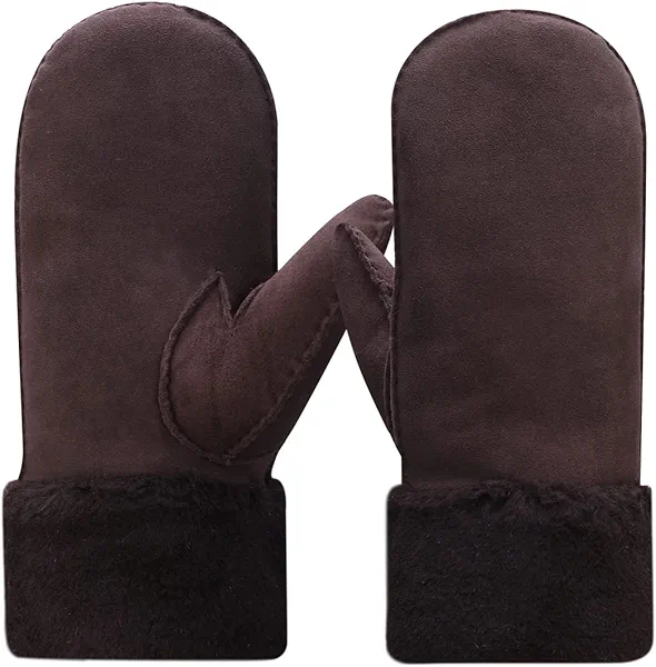 Harssidanzar Women Winter Mitten Gloves,Sheepskin Shearling Heated Warm Furry Cuff Gloves KL024US