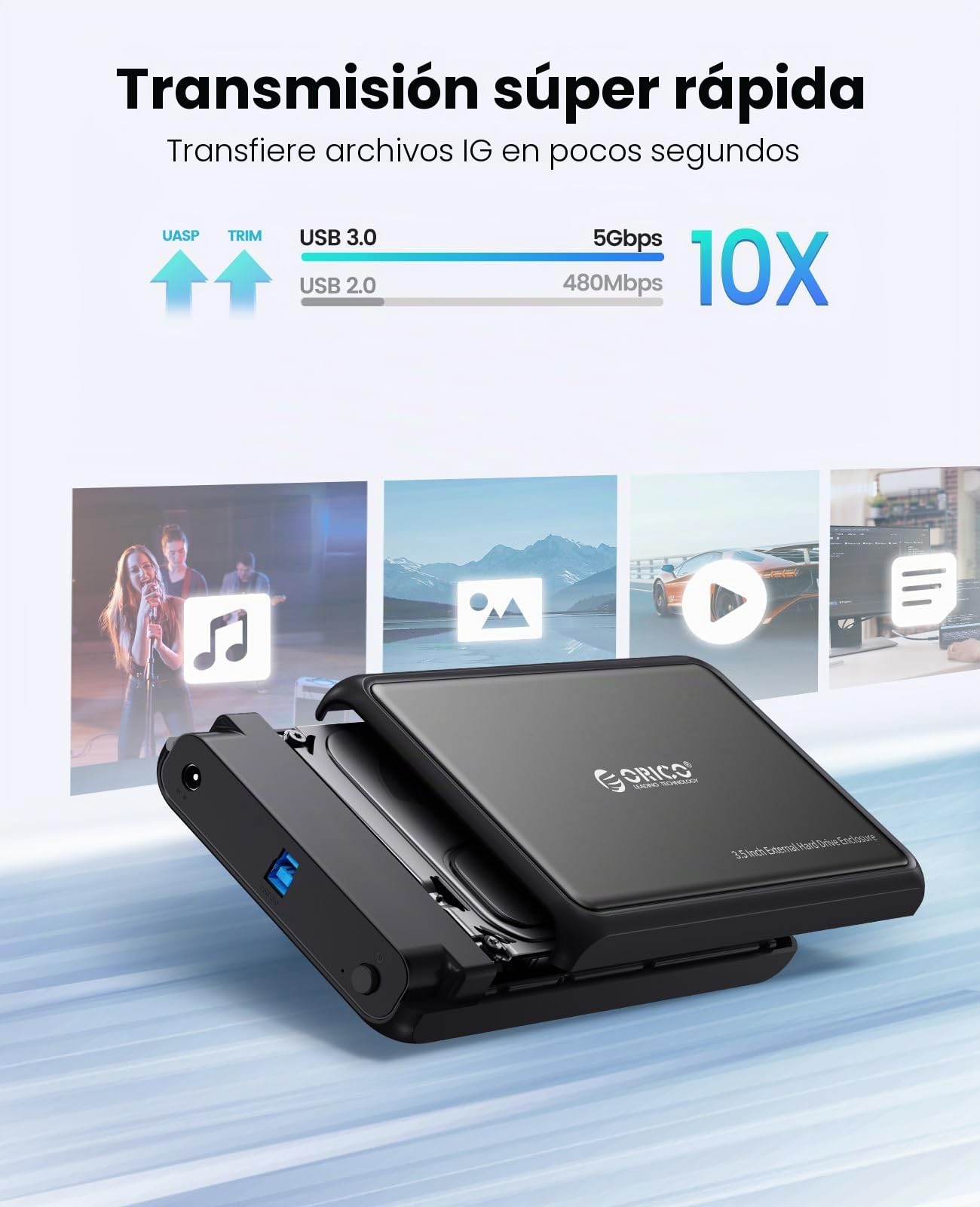 ORICO Carcasa Disco Duro 3.5", USB 3.0 Caja Disco Duro para 2,5" 3,5" HDD SSD SATA I/II/III de hasta 20 TB, Sopporta UASP, sin Herramientas, con Adaptador 12V/2A (Metal + ABS,Negro,DDL35-U3)