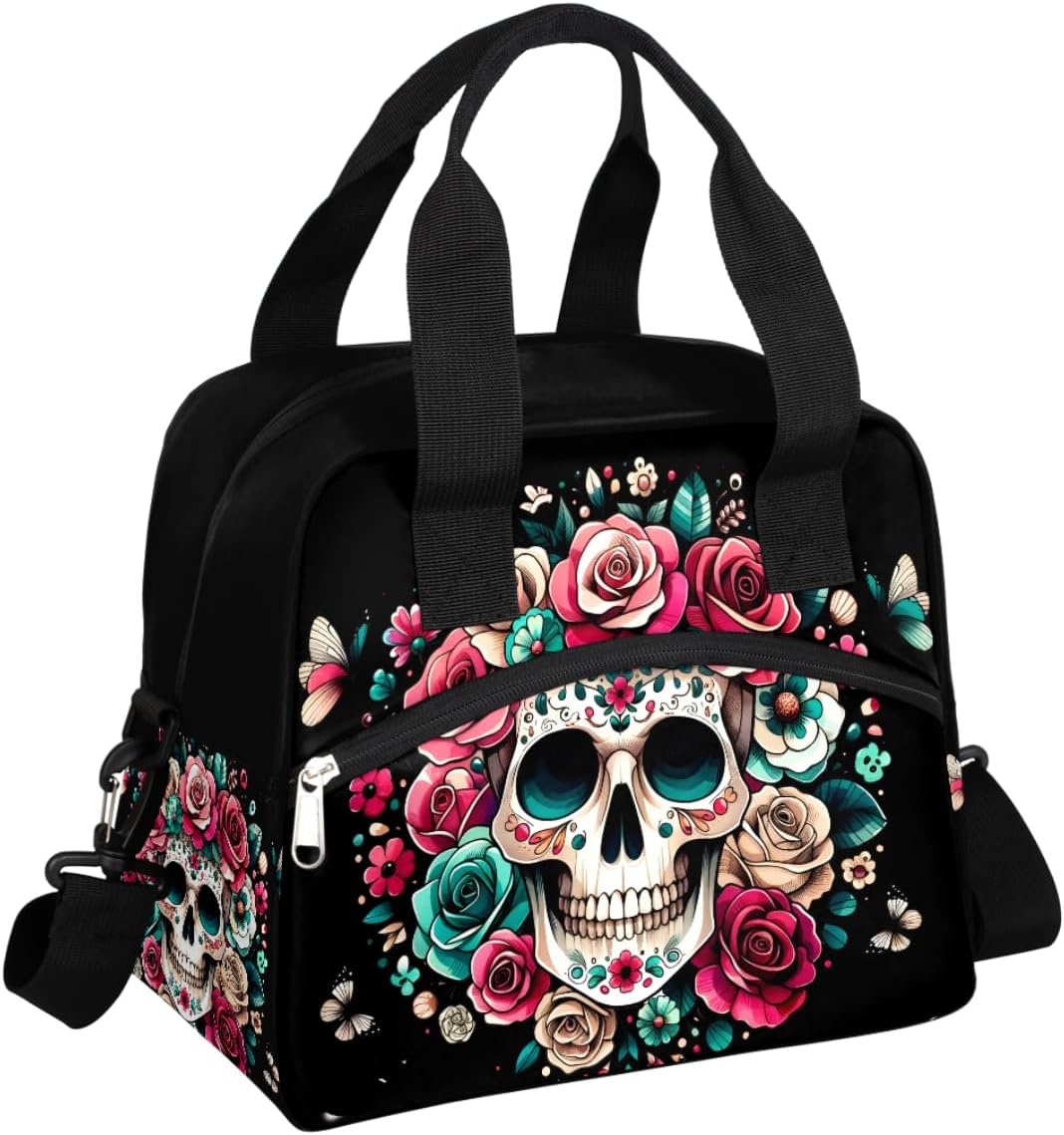 Skull Flower Cool Lunch Bag for Women Men Skull Goth Insulated Large Cooler Box Reusable Meal Prep Bag Waterproof Leakproof Lunch Tote Box for Work Travel Beach Picnic Camping