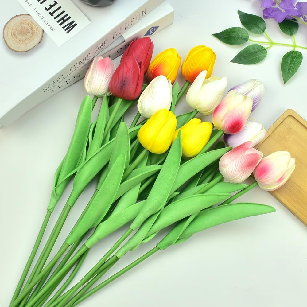 wynott 14PCS Artificial Flowers Tulips Fake Tulips Bouquet Latex Tulips