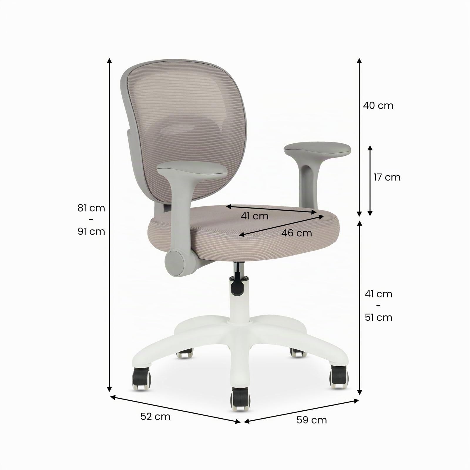 IDIMEX Schreibtischstuhl für Kinder Amelia höhenverstellbar, Grau – ergonomischer Bürostuhl für Kinderzimmer, atmungsaktive Mesh Rückenlehne & weißes Fußkreuz mit 5 Rollen