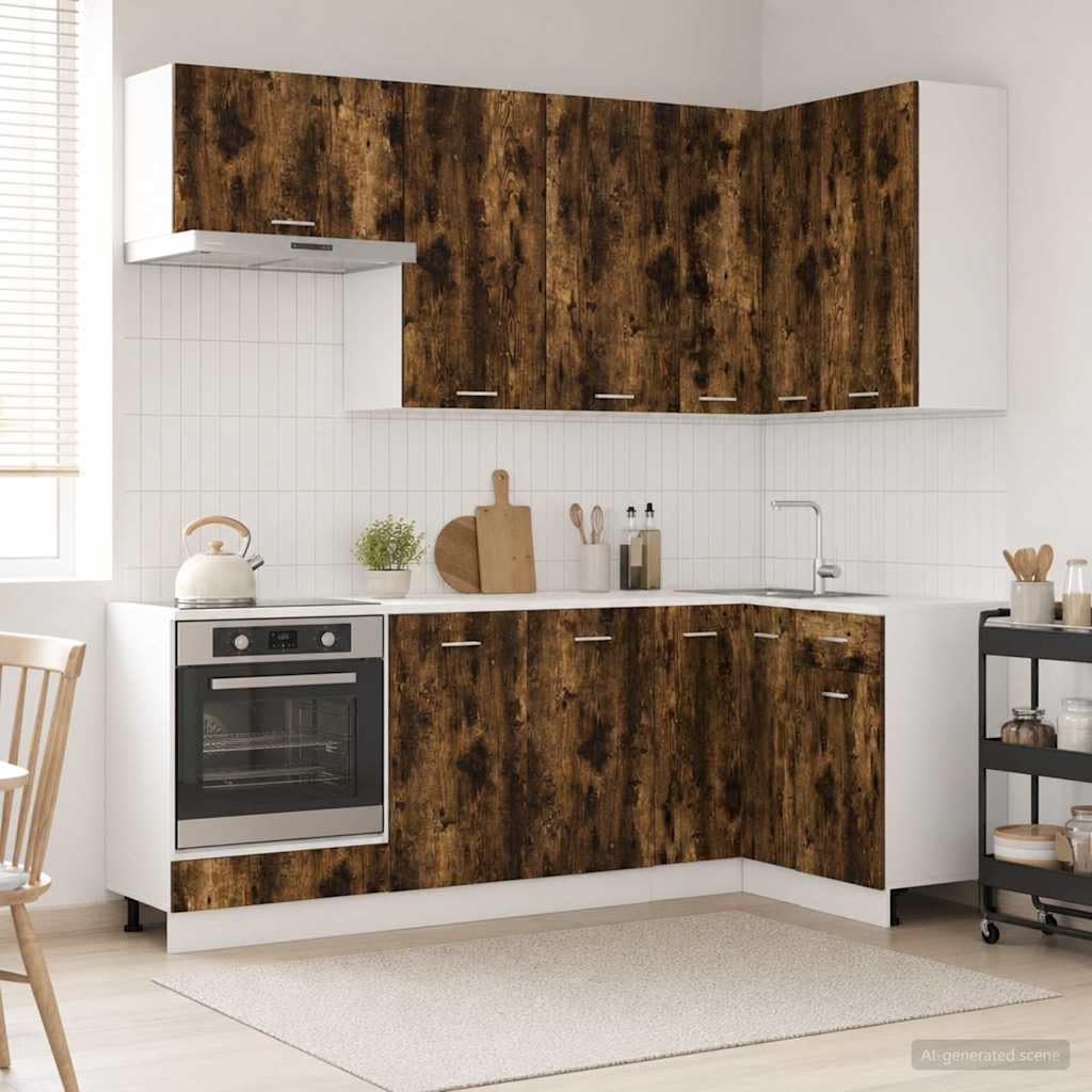 Küchenzeile 8-TLG Lyon Küchenschränke Geräucherte Eiche | Modulare Küchenmöbel aus Holzwerkstoff für Küche und Essbereich mit flexiblen Stellfüßen und Wandhalterung.