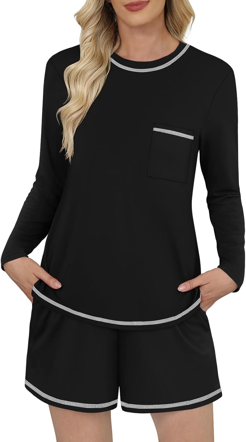 DouBCQ Women's Pajama Sets 2 Piece Long Sleeve Top and Shorts Crewneck Lounge Wear Soft Pjs with Pockets - Image 2