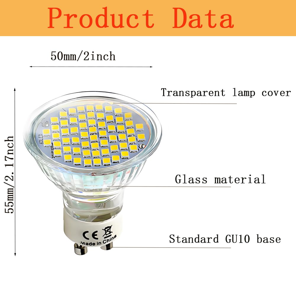 Pack de 10 Bombillas Led Foco GU10 Cristal, 5W Equivalente 50W Halógena, 60 Chips de LED, 500 Lúmenes, 6000K Blanco Frío, 120° Angulo de haz, AC 85-265V, No Regulable