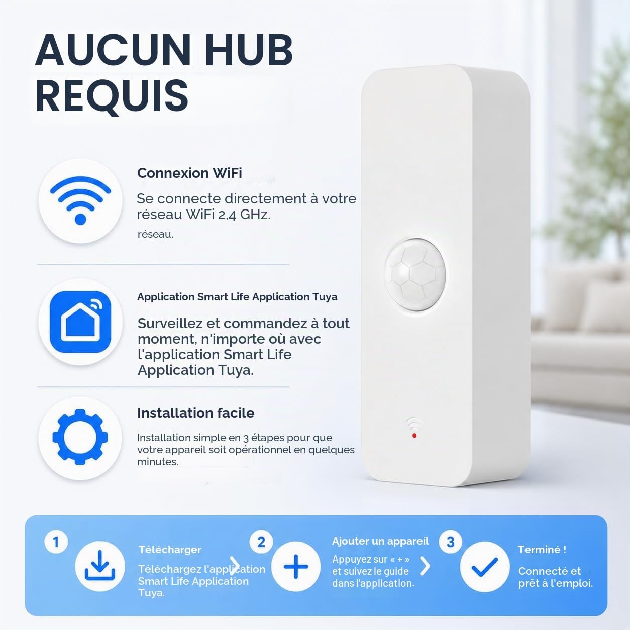 Détecteur de Mouvement PIR WiFi avec Alerte Application, Capteur Intelligent Sécurité Maison sans Fil (Lot de 4)