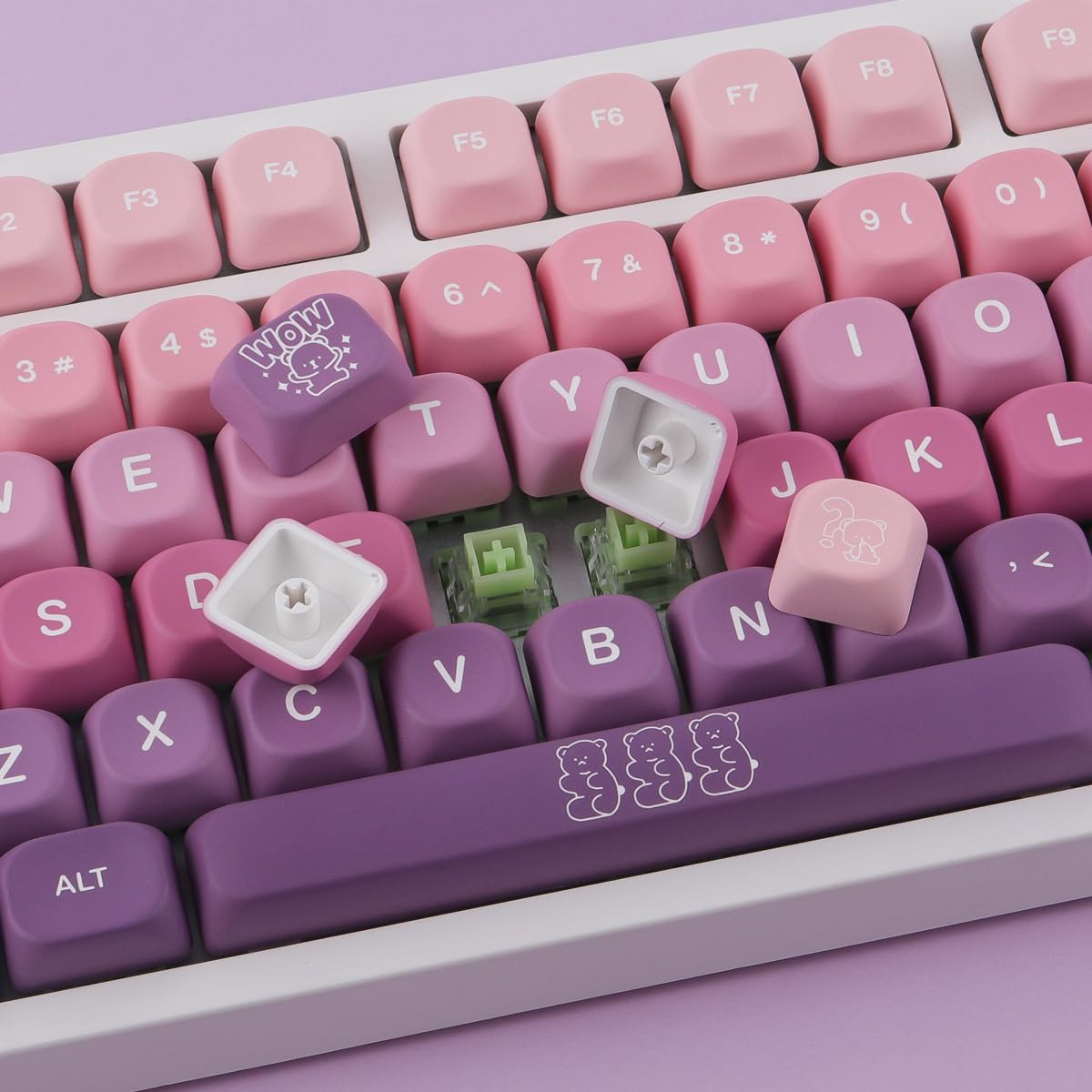 Sunzit MOA Keycaps,131 Keys Cute PBT Bear Custom Keycaps 60 65 75 100 Percent,Dye-Sub Key caps Keyboard Keycap Set for MX Switches Mechanical Keyboard (Purple)