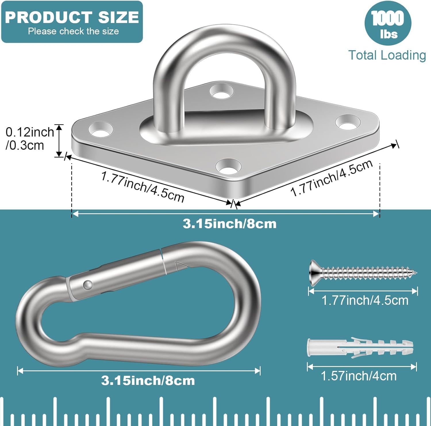 Hammock Hooks 2 Pack, Heavy Duty Hammock Hanging Kit, M8 304 Stainless Steel Pad Eye Hanging Hooks for Porch Swing, 1000Lbs Holding Capacitym,Silver image 2