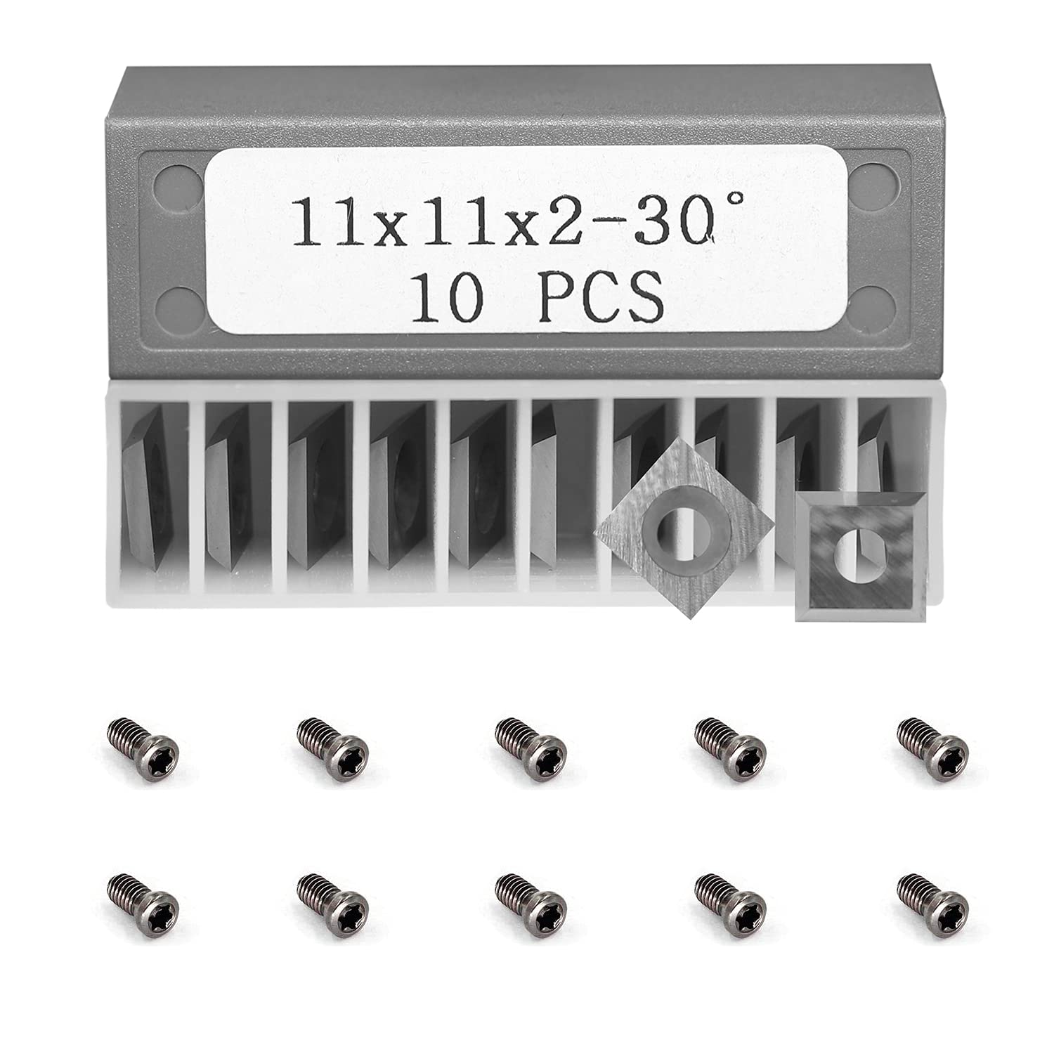 11mm Standard Square Tungsten Carbide Replacement Cutter Inserts Knives 11x11x2.0mm with Screws M4x9 Replacement for Woodworking Fits Spiral Helical Planer Cutter Head or lathe Turning Tipped 10pcs