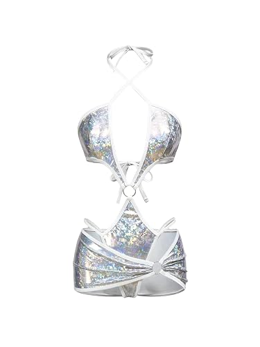 SOLY HUX Women's Metallic Lingerie Y2k Halter Teddy Bodysuit with Skirt 2 Piece Nightwear Boudoir Outfit - Medium - White Multi