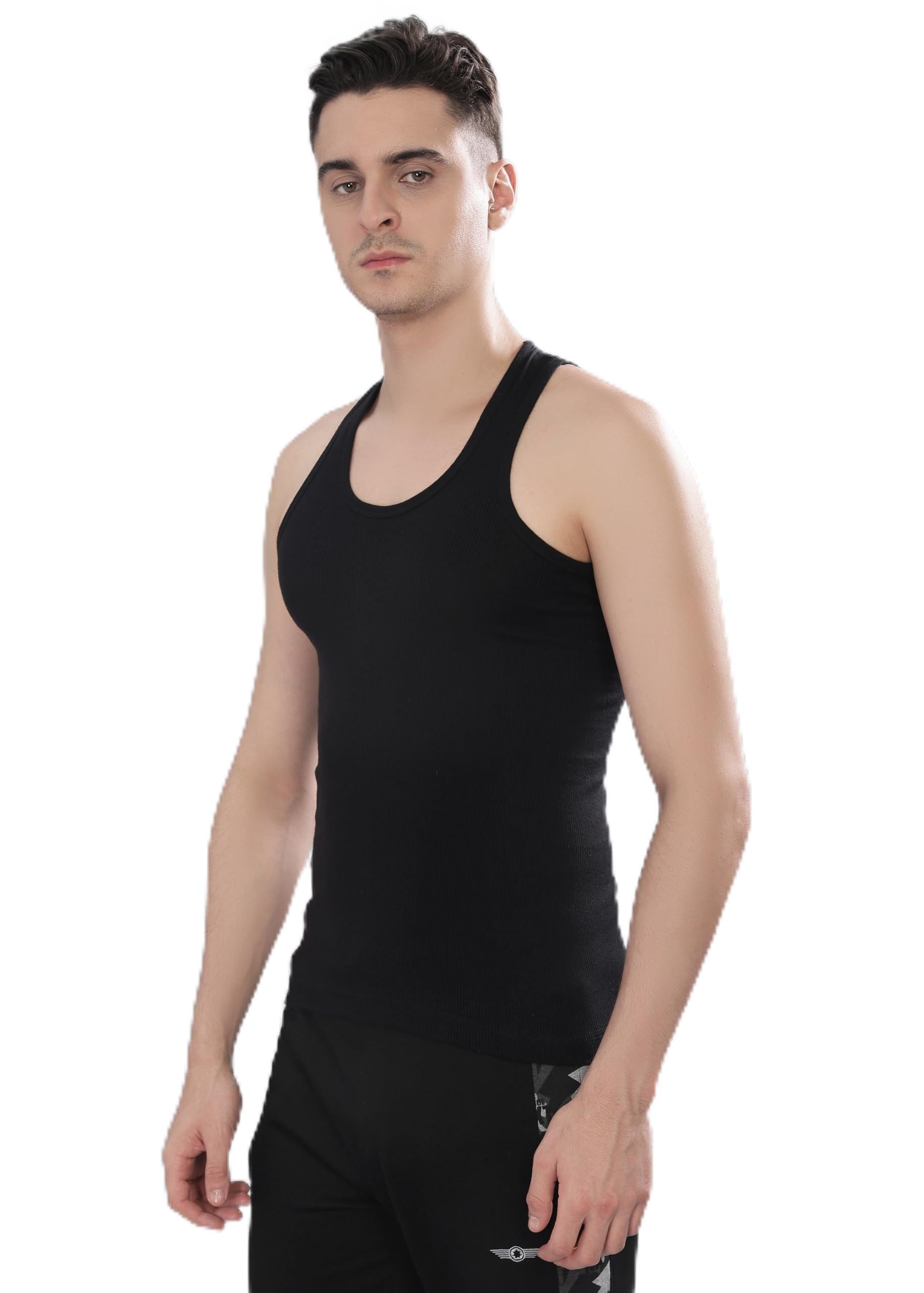 Men's Black Solid Cotton Regular Vest