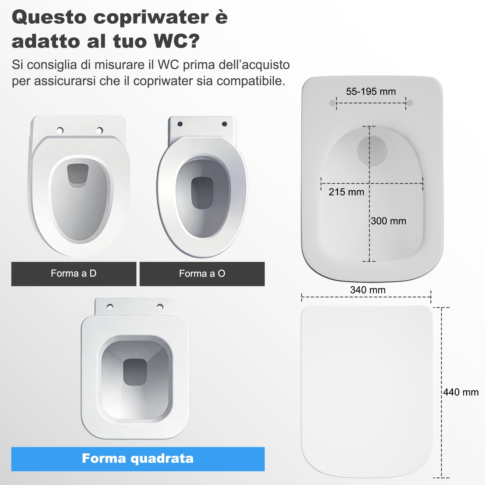 SURFOU Tavoletta WC con Chiusura Ammortizzata, Duroplast di Alta Qualità, Forma a Quadrato, Sgancio Rapido per Facile Pulizia, Supporta fino a 200 kg, con Gancetti in Gomma per Fissaggio Stabile