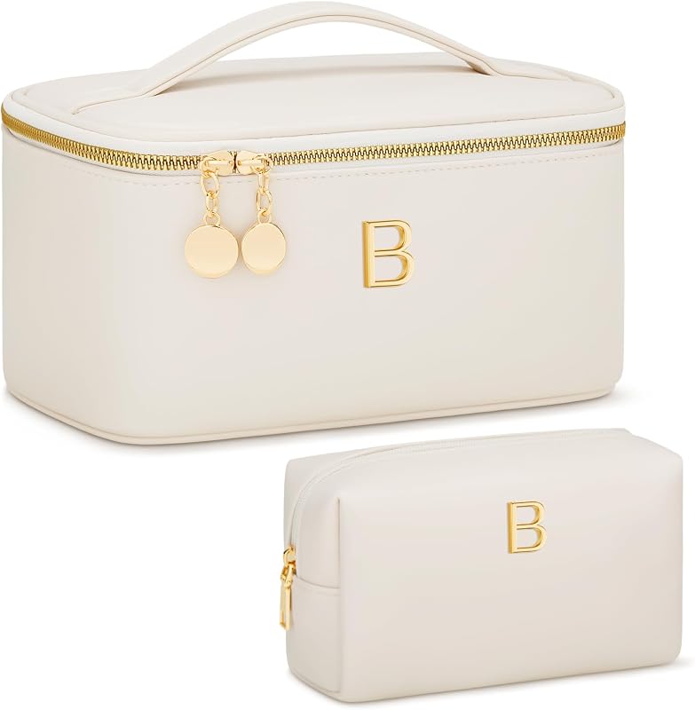 Necessaire de maquiagem e acessórios de viagem CLOUDWINGS com inicial personalizada, bege, Pacote com 1