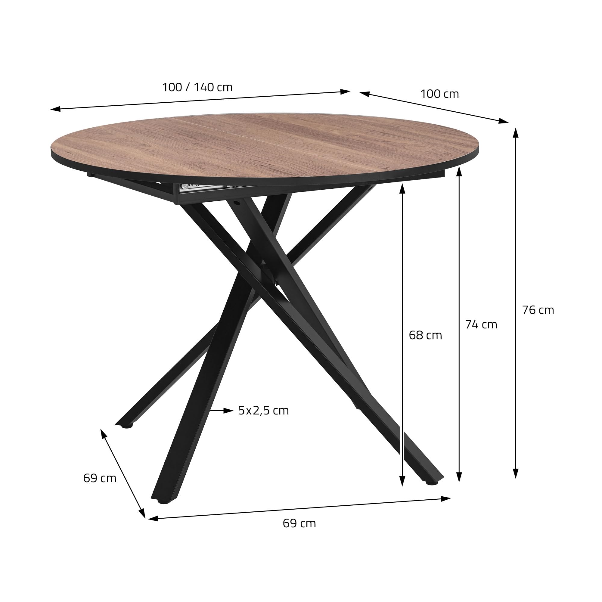 ML-Design Rozkladany Okragly Stól do Jadalni, Brazowy Dekor Drewna 100-140 x 76 x 100 cm, Stól Kuchenny dla 4-6 Osób z Metalowa Podstawa X, Nowoczesny Stól do Salonu, Kuchni, Jadalni, Loftu i Domu