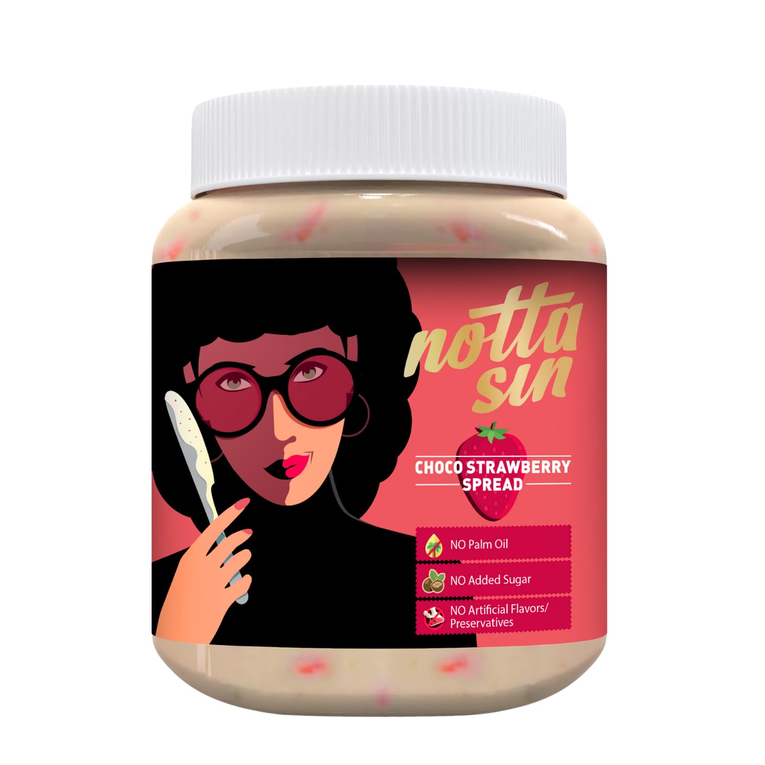 Notta Sin - Choco Strawberry Spread | White Chocolate with Real Strawberry Bits | No Palm Oil | No Added Sugar - Contains Monk Fruit & Stevia | No Artificial Flavors/Preservatives | Nourishing Almonds | Chocolate Spread for Bread | 250G