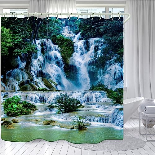 Image of LYFANS Bathroom Uses 3D Shower Curtain with Alpine Waterfall, Luxury Bathtub Waterproof Shower Curtains, Bright Fabric Shower Curtain, Size (72x79 inches)