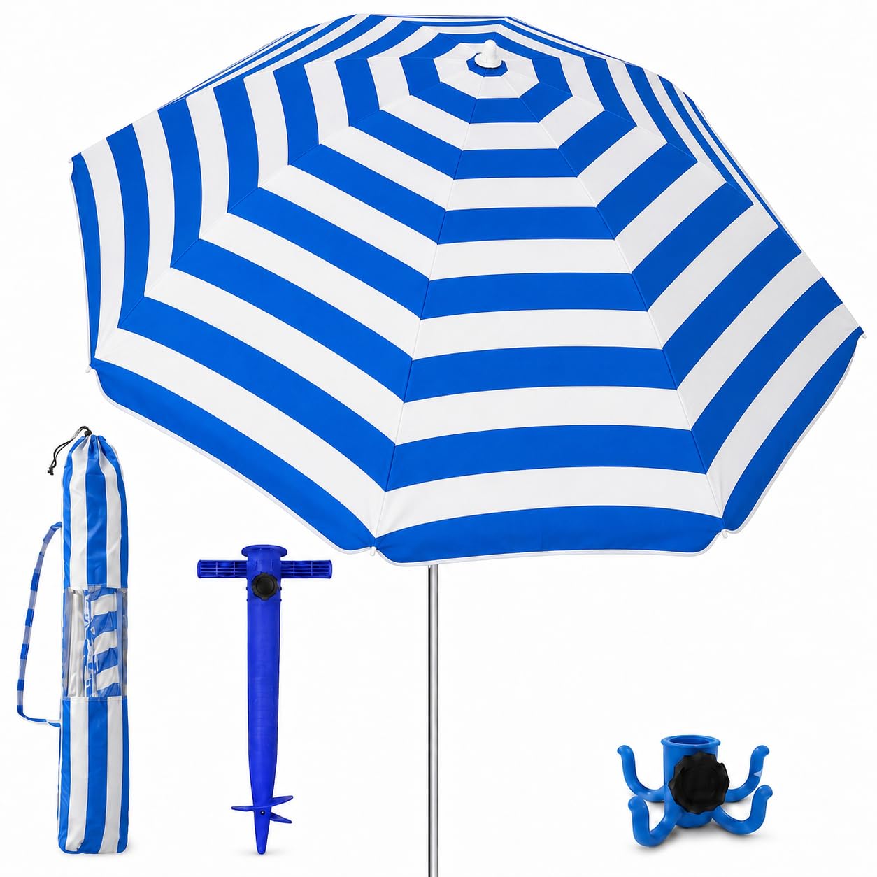 Parasol de plage 200 cm, aluminium, UPF+50 bloque 99% des rayons UV, 8 baleines en fibre de verre, très léger 1,5 kg, fenêtre supérieure (rayures bleues et blanches)