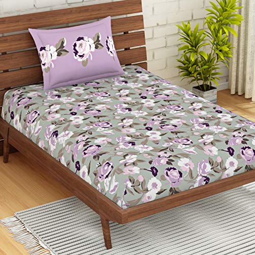 Image of Spaces Atrium Plus 210 TC 100% Cotton Single Bedsheet with 1 Pillow Cover (Floral, 60 inch X 88 inch Inches) - Grey