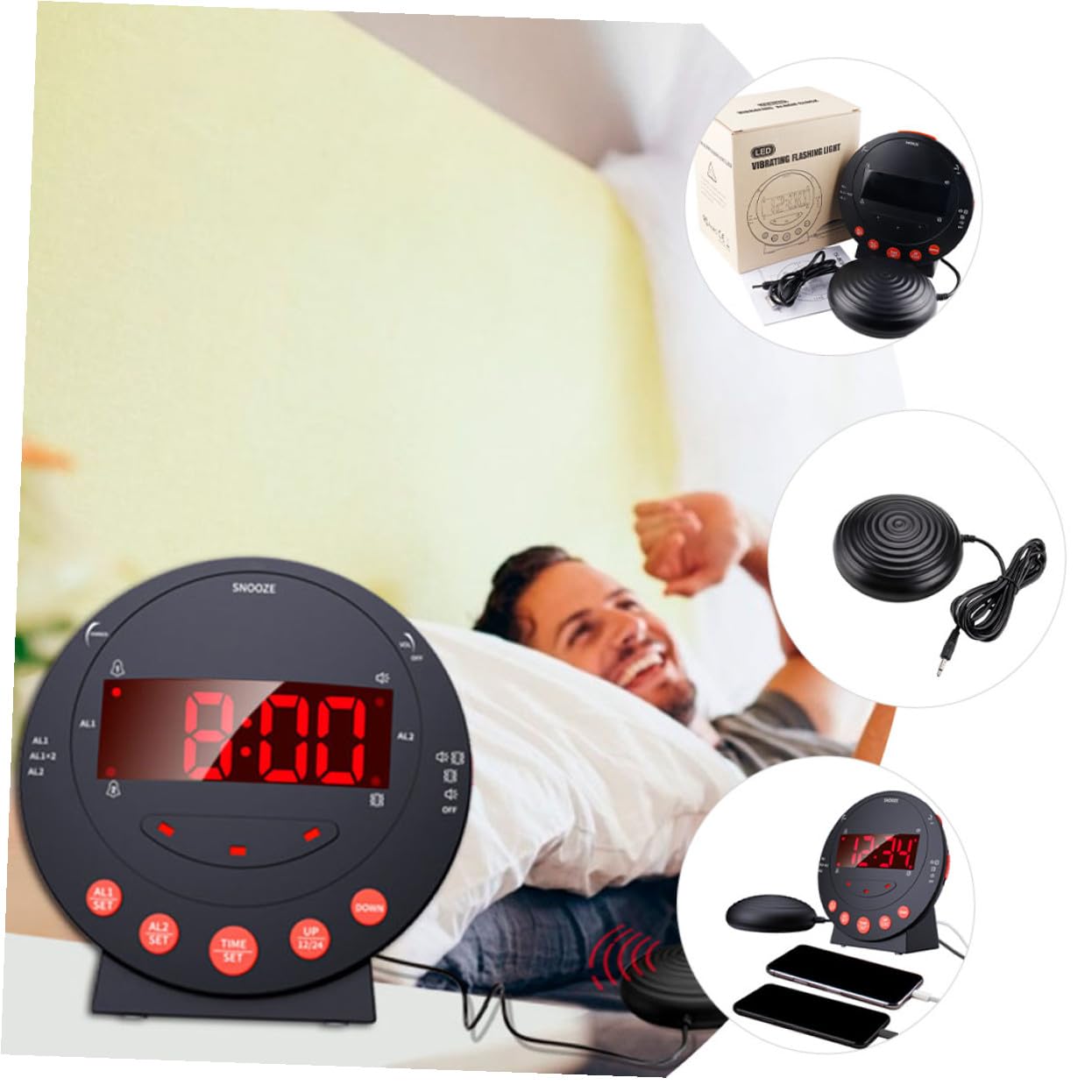 Digitaler Vibrationswecker und Einstellbarer Lautstärke mit Großen Zahlen Kunststoffgehäuse USB Kabel Inklusive für Senioren und Gehörlose im Schlafzimmer