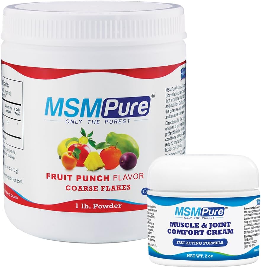 KALA HEALTH MSMPure Fruit Punch Flavored Coarse Flakes 1lb and Muscle & Joint Cream 2oz Bundle