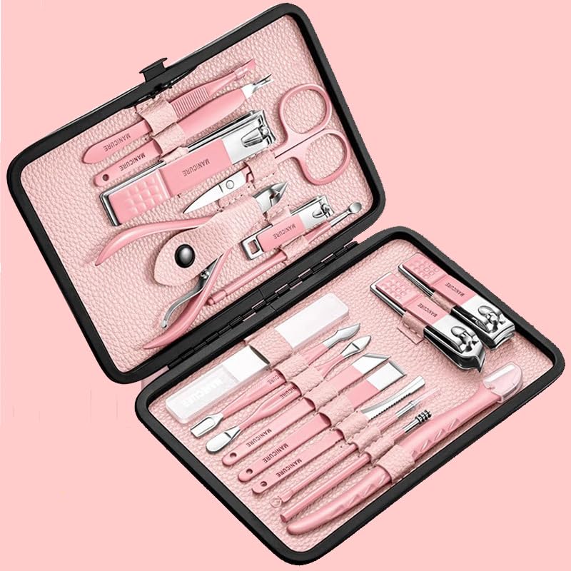 YHRY Manicure Set, Professional Pedicure Kit, Nail Clippers Kit, 18 Pcs Nail Care Tools, Grooming Kit, with Luxurious Upgraded Travel Case(Pink)
