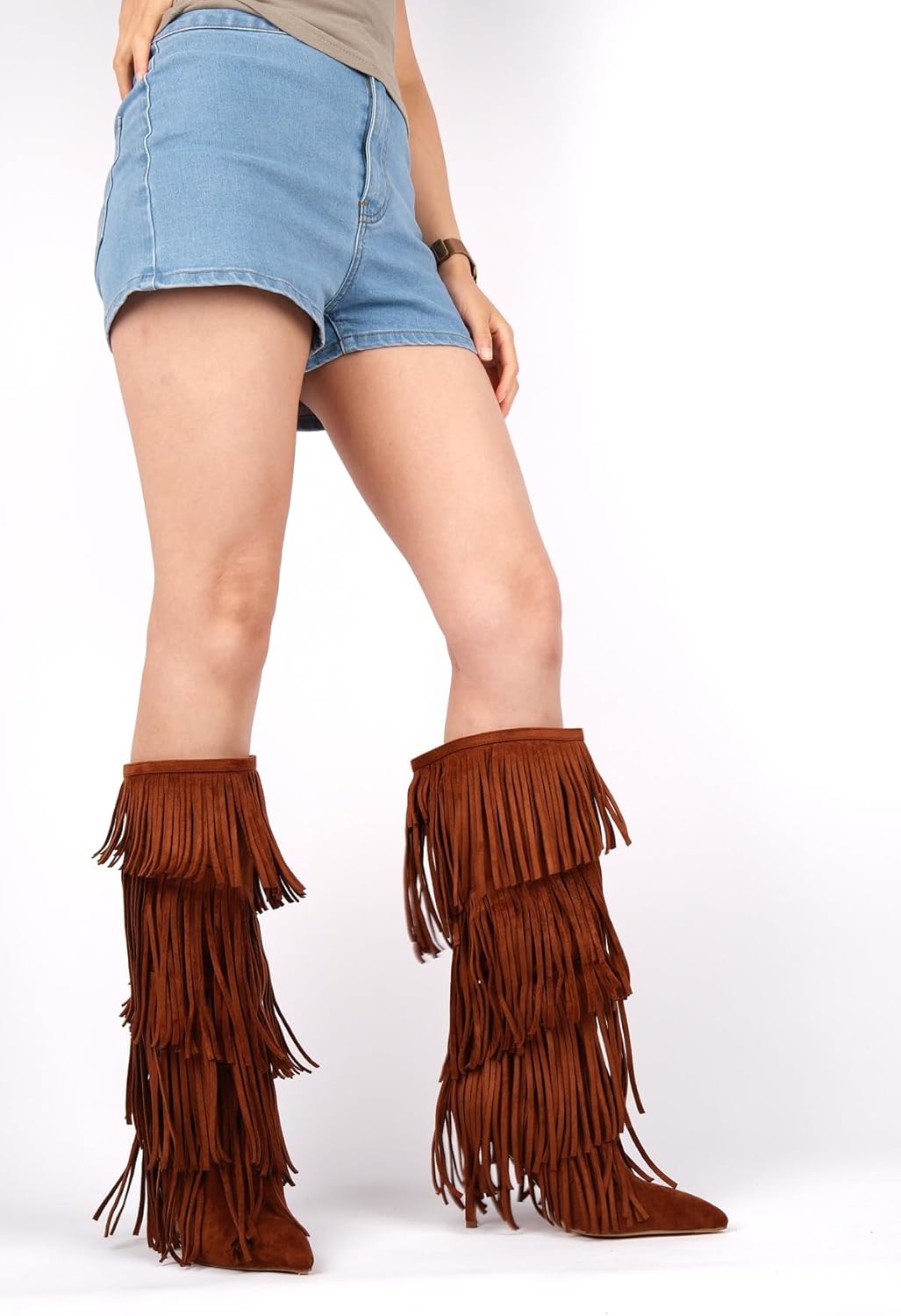 Women's Fringed Knee High Boots Pointy Toe Stilettos Faux Suede High Heels Boot