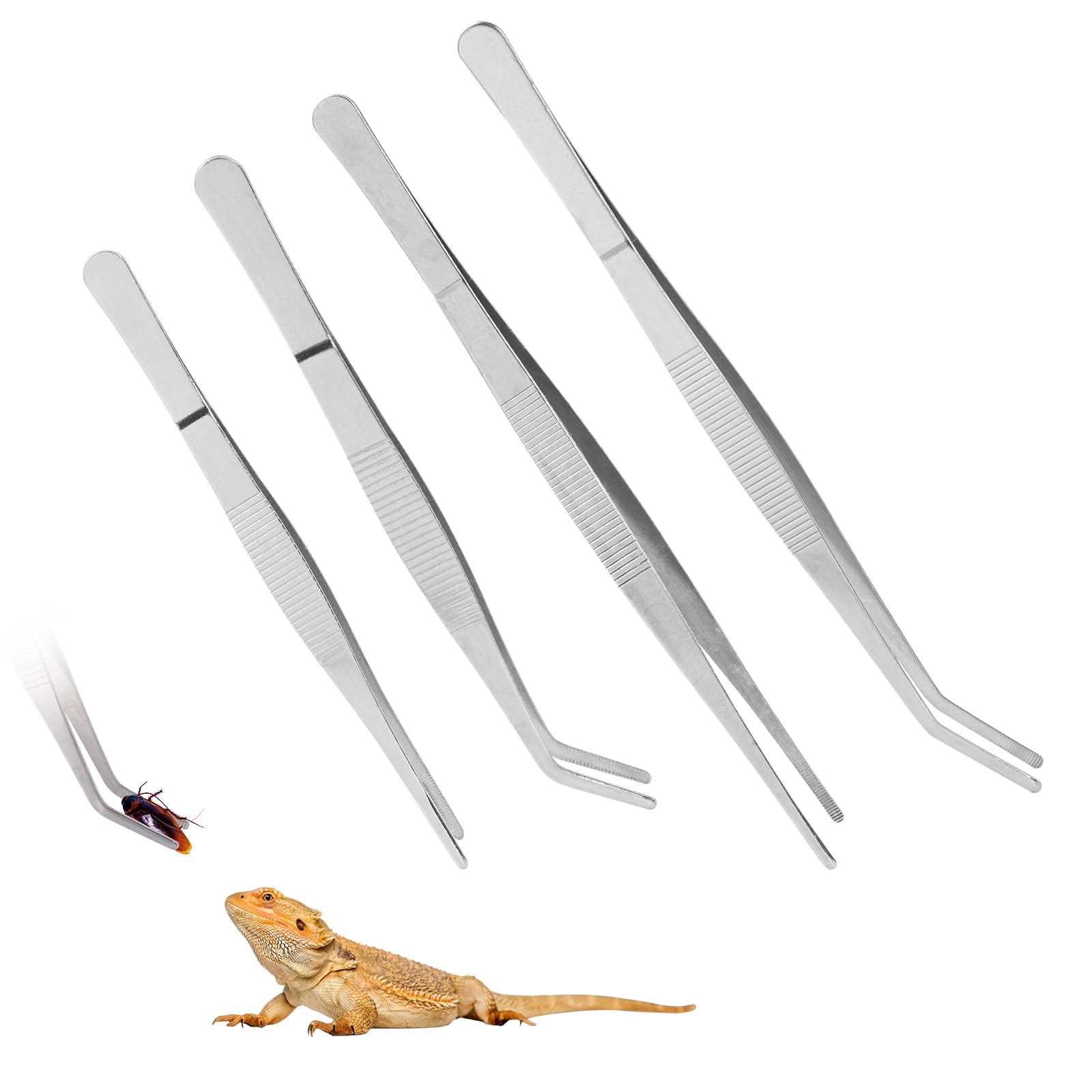 SLSON 4Pcs Reptile Long Feeding Tongs (18cm + 25cm) Stainless Steel Straight & Curved Tweezers